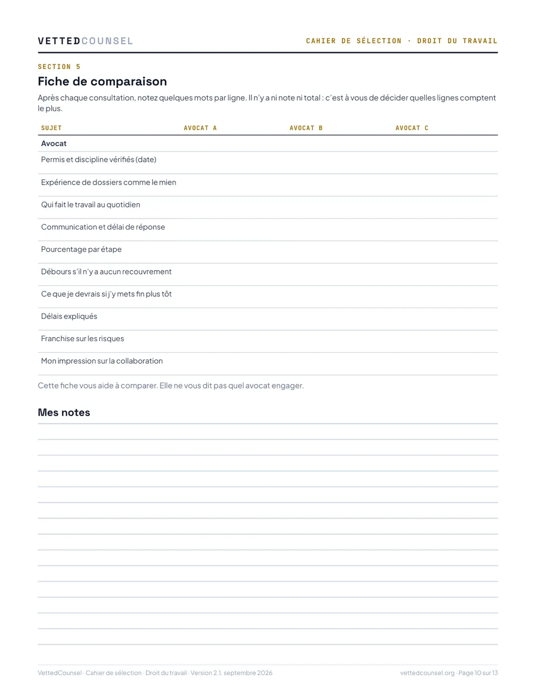 Fiche de comparaison pour trois avocats