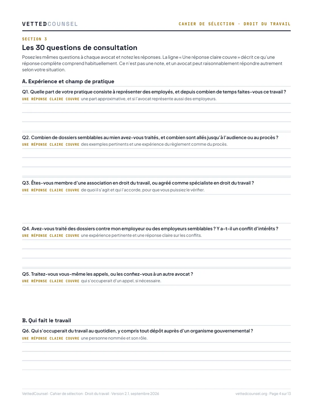 Questions de consultation, avec de la place pour chaque réponse