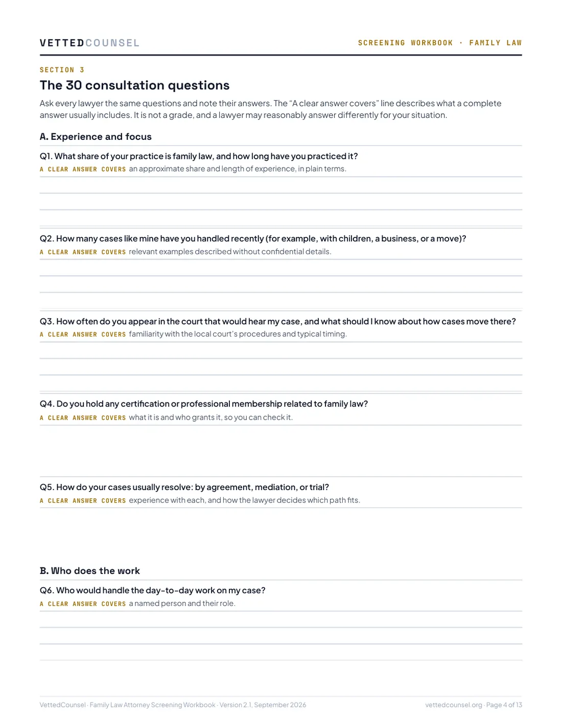 Consultation questions, with room for each answer