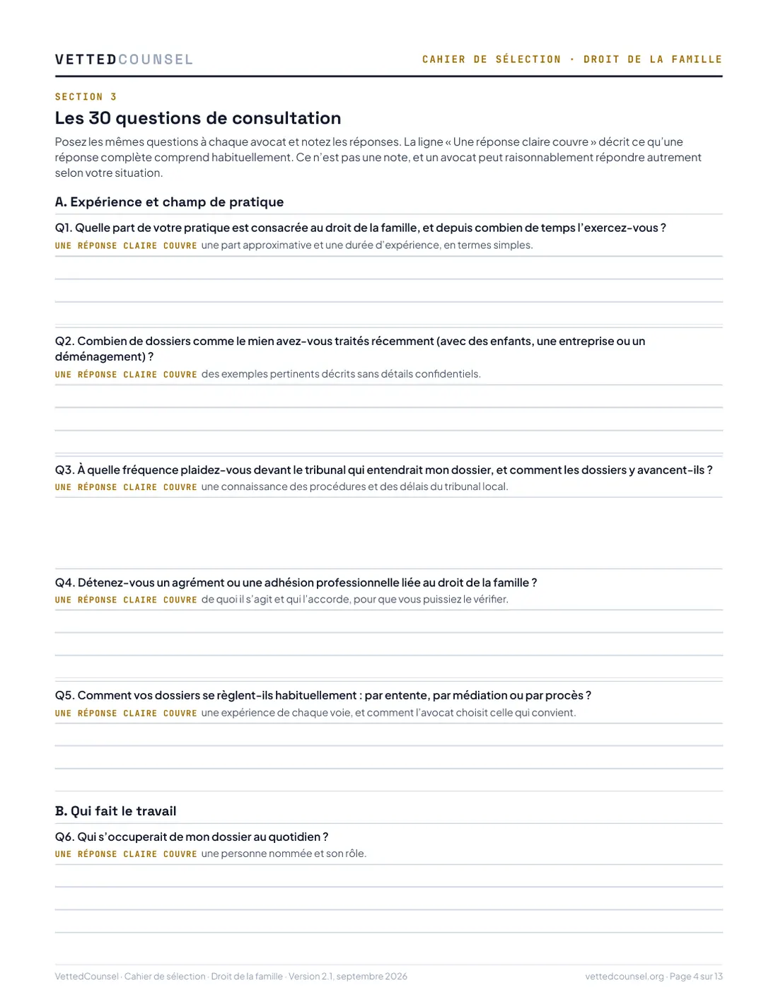 Questions de consultation, avec de la place pour chaque réponse